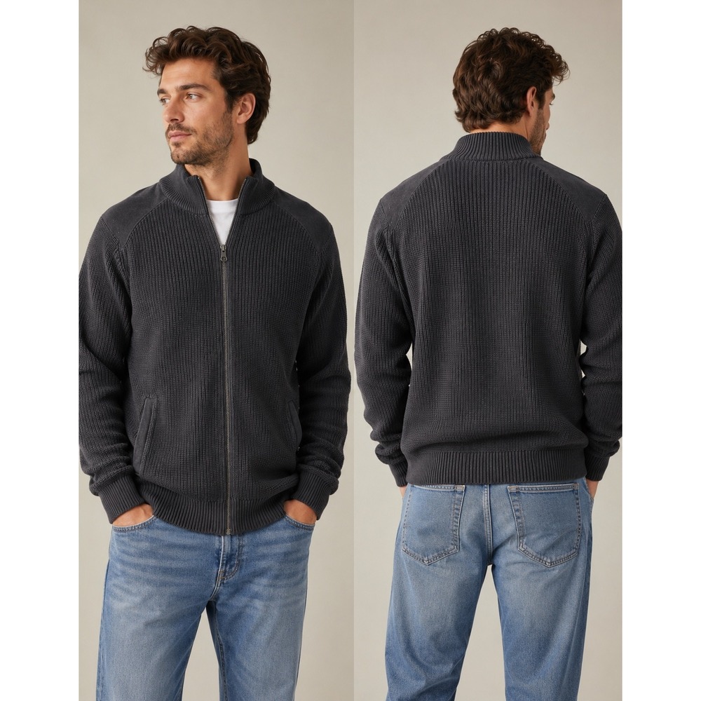 Pact‎ Mens Organic Cotton Full Zip Ribbed Cardigan Sweater Charcoal Gray XL